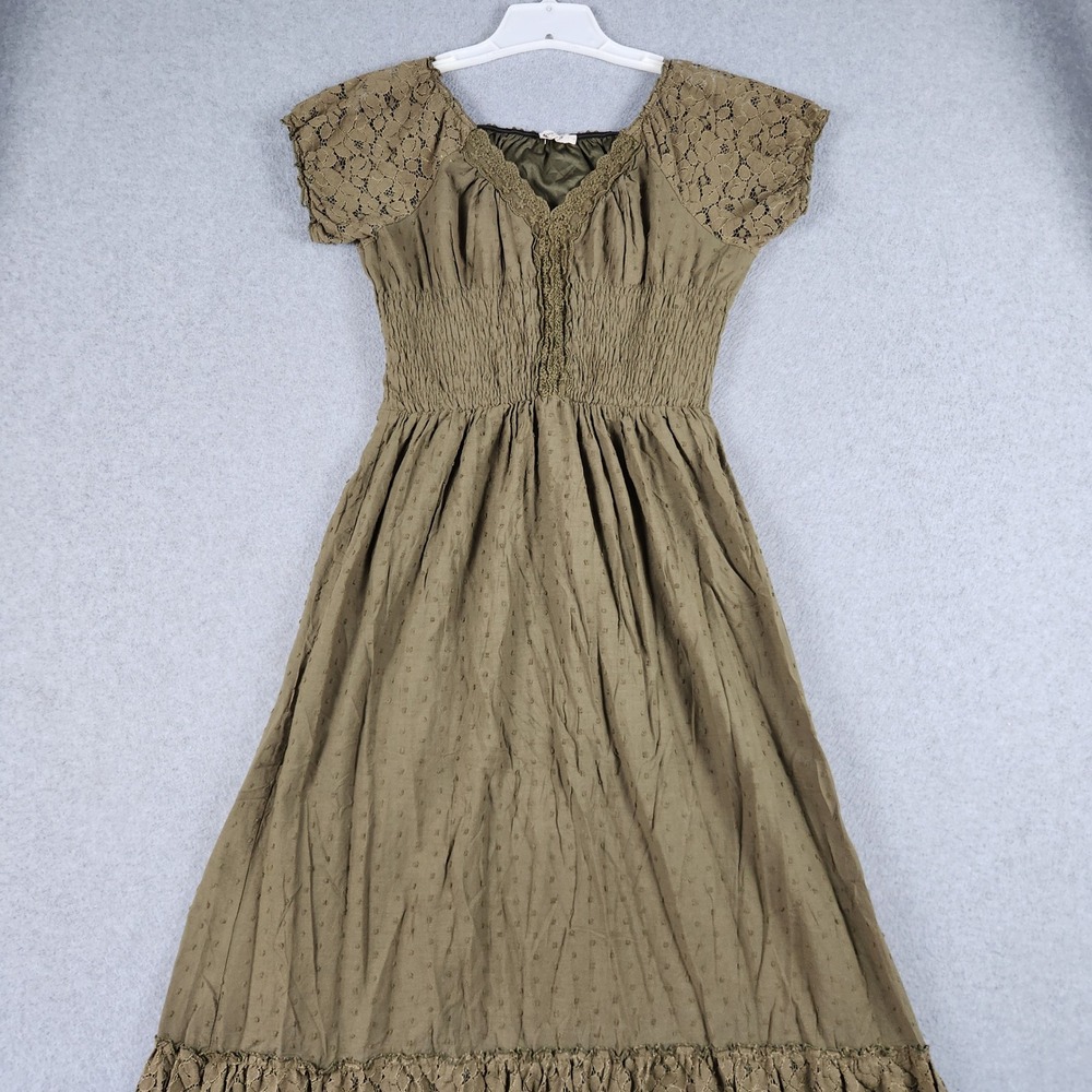 Anna-Kaci Dress Womens Large Olive Green Swiss Dot Smocked Bodice Short Sleeve
